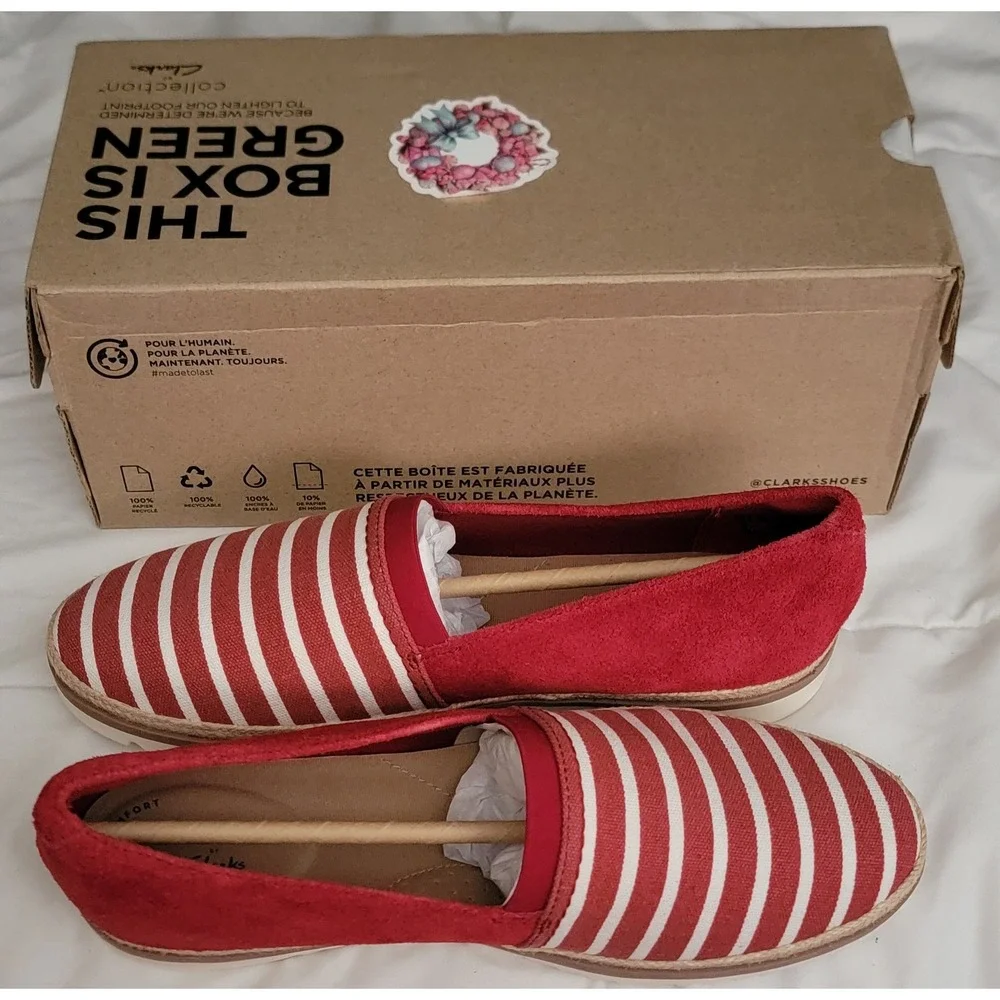 Clarks Red White Stripe Espadrille Slip On Flats‎ Women Size 9 Comfort Shoes